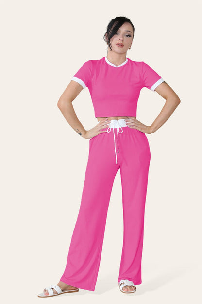 Women Ribbed Contrast Cropped Top Flared Trousers Set