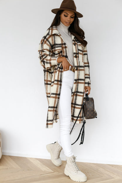 Women Button Lapel Plaid Woolen Coat