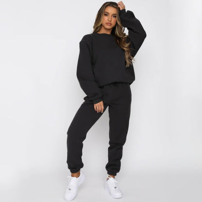 Women Solid Color Pullover Hoodie Pants Set