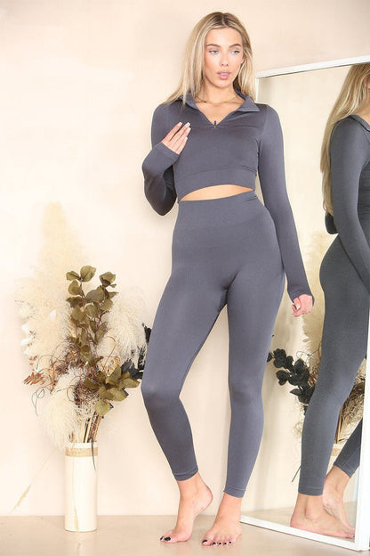 Women Ribbed Half Zip Tracksuit Set