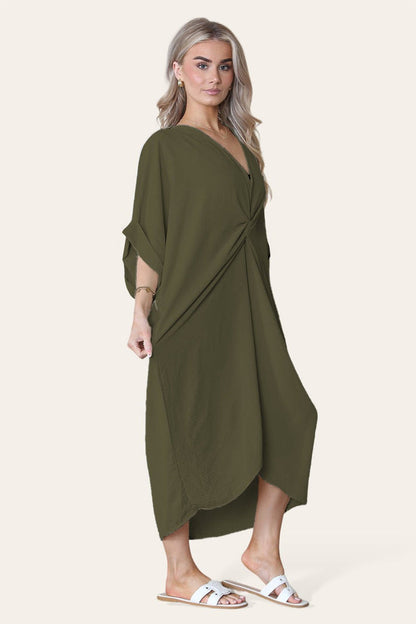 Women V Neck Tie Front Longline Midi Dress