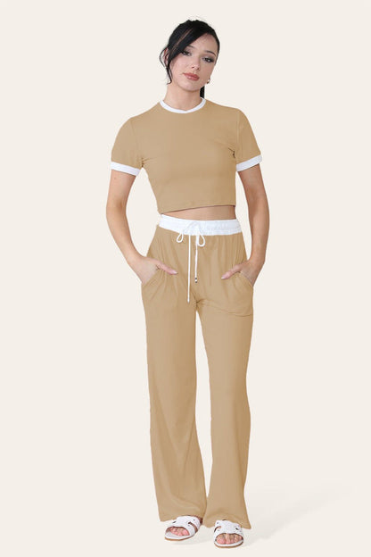 Women Ribbed Contrast Cropped Top Flared Trousers Set