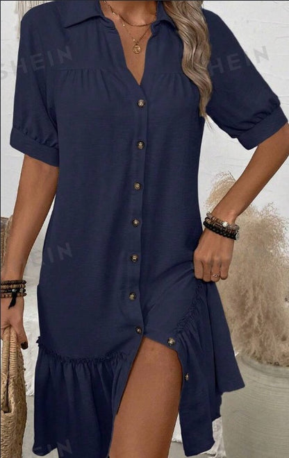 Women Solid Color Button Up Ruffle Hem Dress