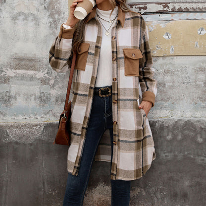 Women Brushed Plaid Long Winter Coat