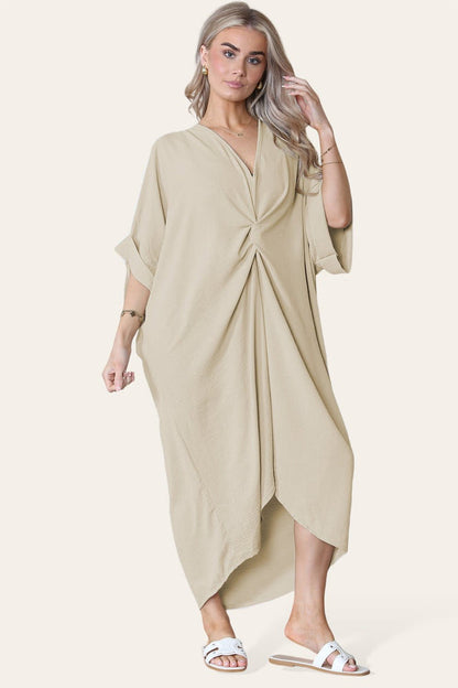 Women V Neck Tie Front Longline Midi Dress