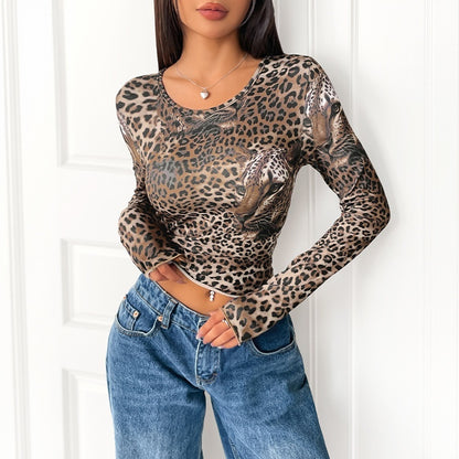 Women Vintage Leopard Print Long Sleeve Tee
