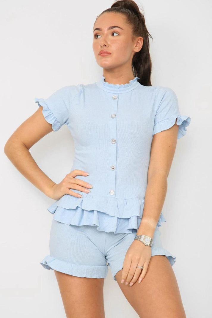Women Diamond Frill Edge Co Ord Shorts Set