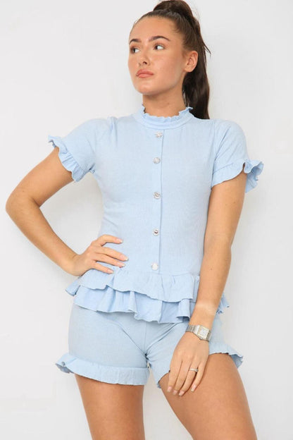 Women Diamond Frill Edge Co Ord Shorts Set