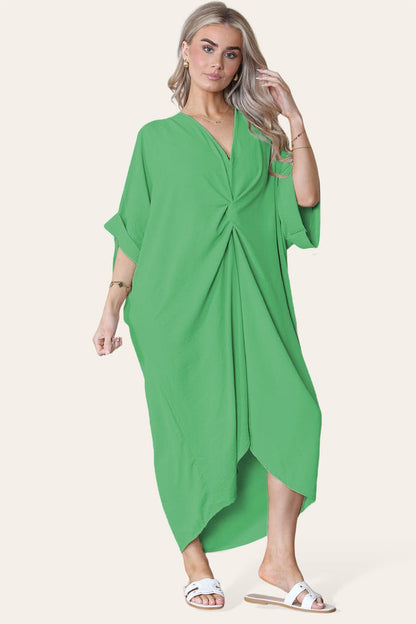 Women V Neck Tie Front Longline Midi Dress