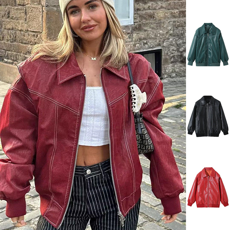 Women Lapel Zip-Up Moto Jacket