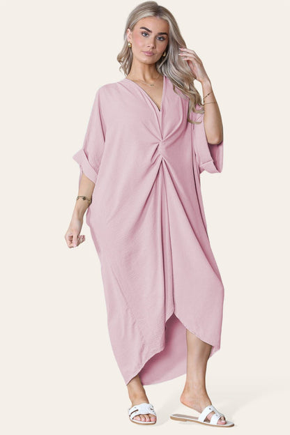 Women V Neck Tie Front Longline Midi Dress