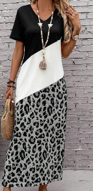 Women Leopard Print Colorblock Summer Tee Dress
