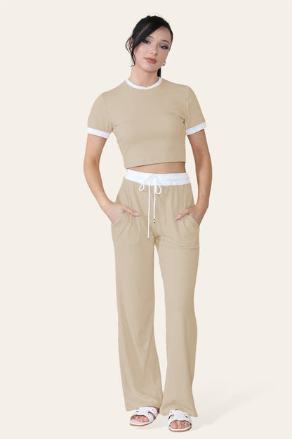 Women Ribbed Contrast Cropped Top Flared Trousers Set