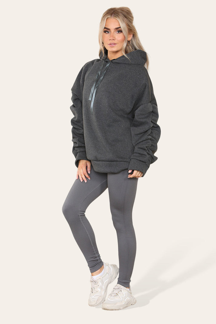 Plus Size Ruched Sleeve Hoodie Ribbed Legging Set